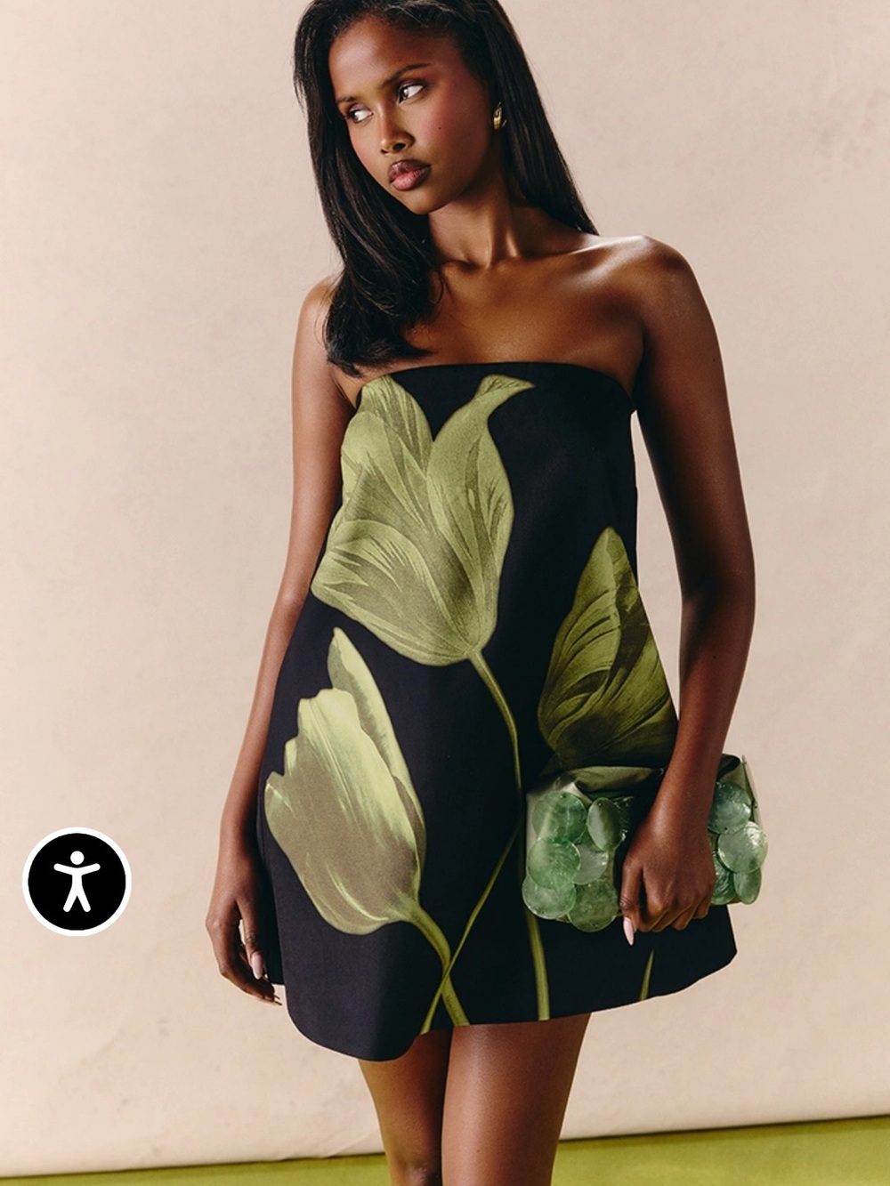 NWT Pretty Little Thing- Strapless Black Mini Dress Olive Green Floral Print